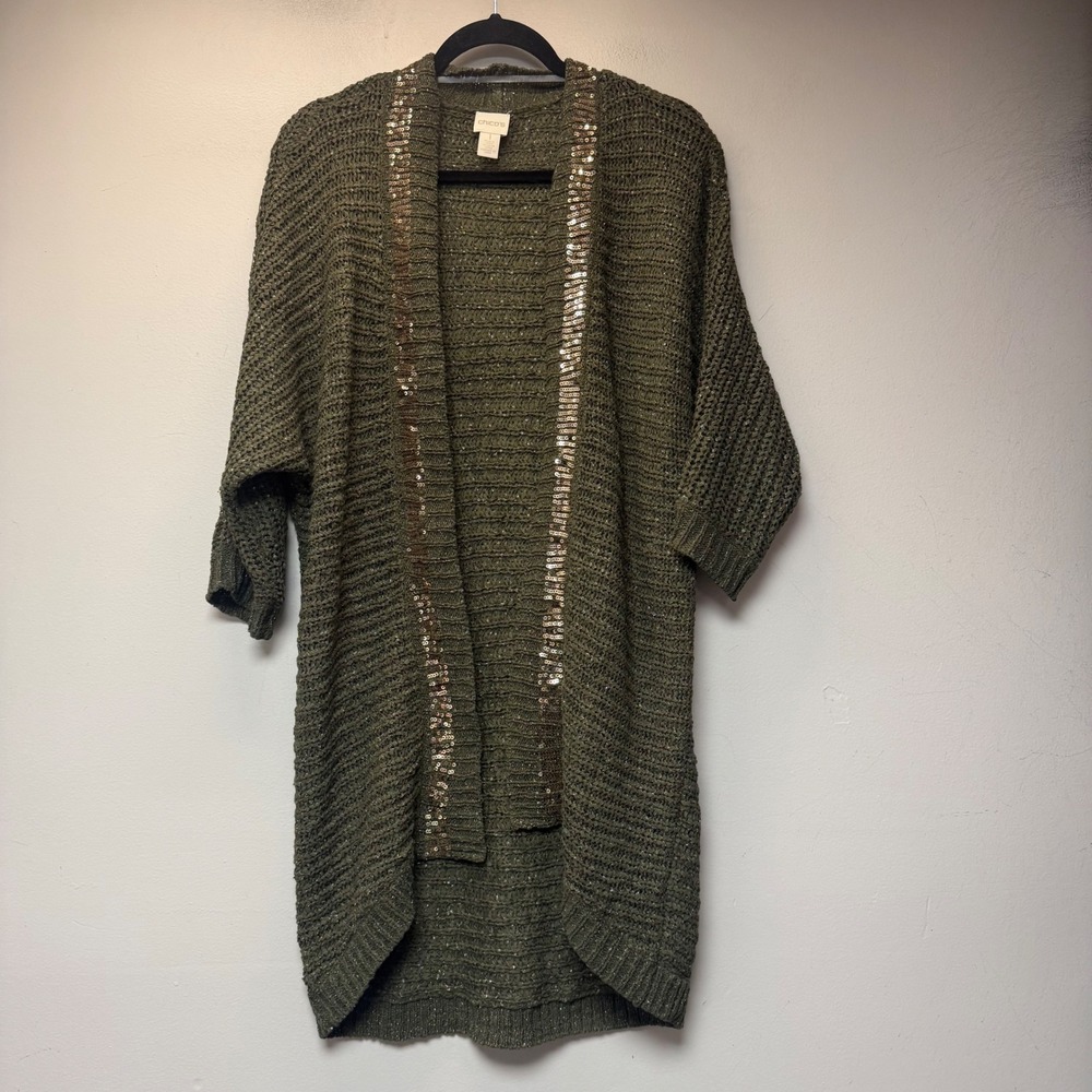Chico's Cardigan Women 1 Medium Olive Green Excell Sequin Trim Metallic Duster